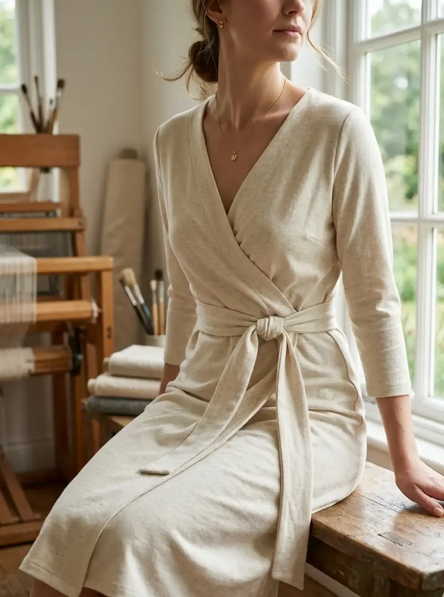 Elegantes Wickelkleid aus naturfarbenem Baumwolljersey, Nähinspiration für Damenmode aus Meterware.