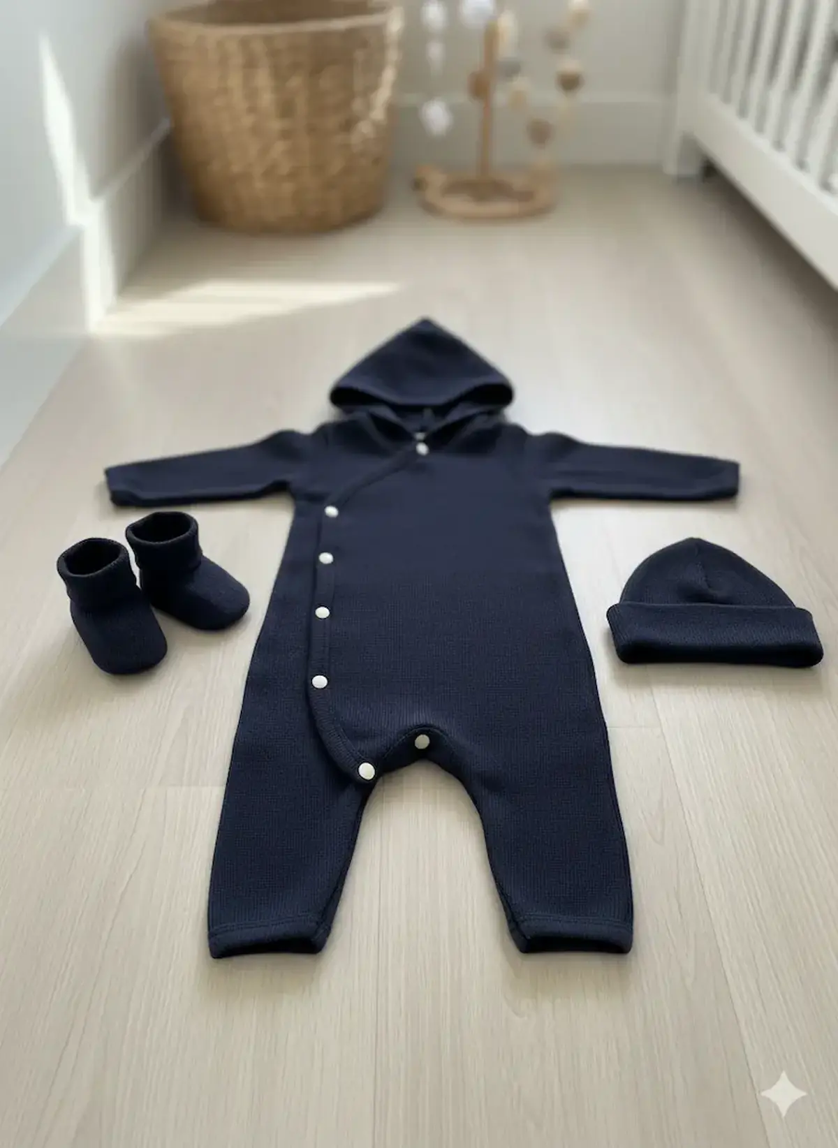 Flach liegender dunkelblauer Baby-Strampler mit Kapuze, passender Strickmütze und Booties aus weicher Feinstrick-Baumwolle auf hellem Holzboden.