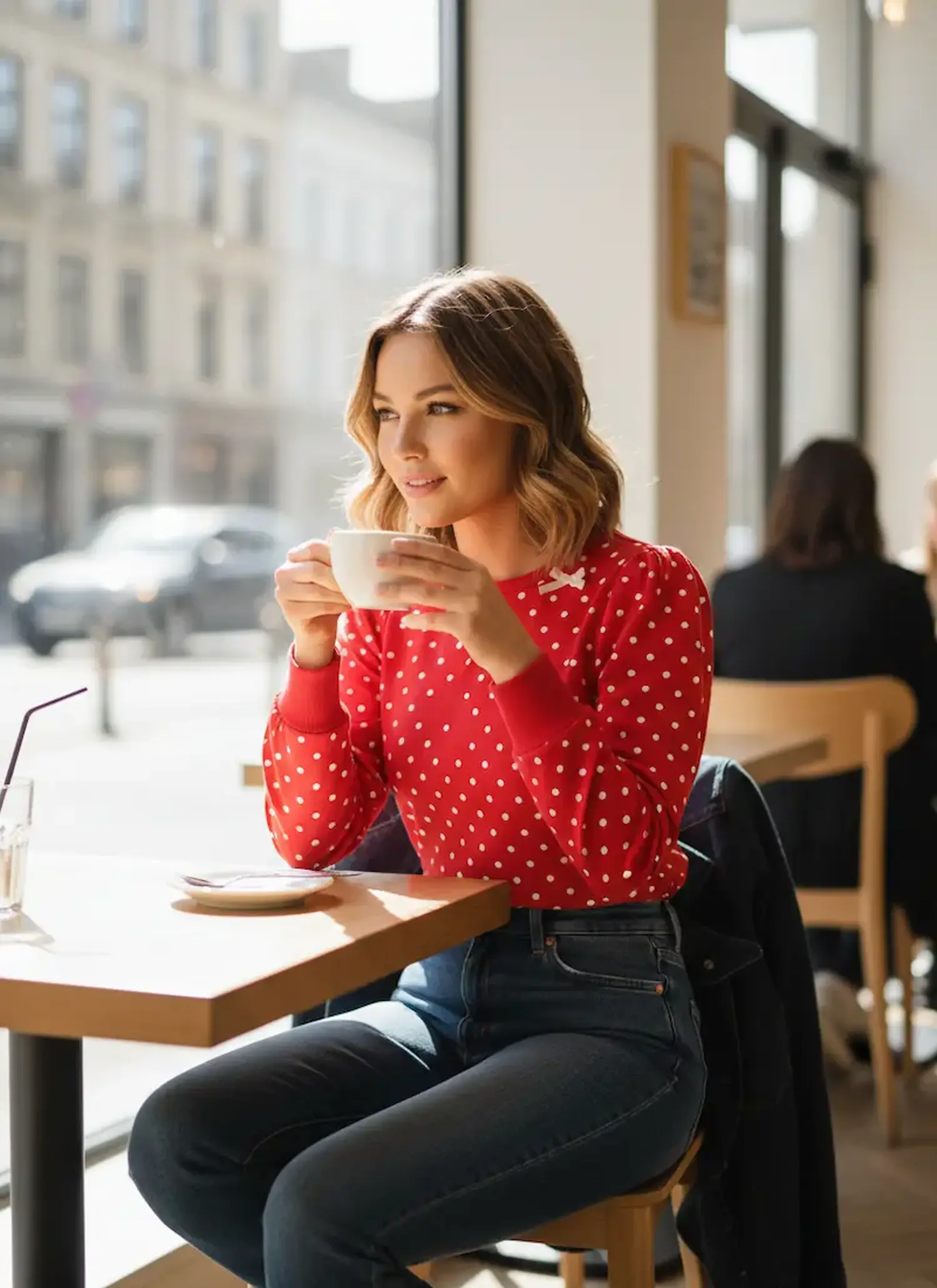 Eine junge Frau sitzt in einem hellen Café am Fenster und trägt ein langärmeliges rotes Shirt aus Jerseystoff mit weißen Punkten, kombiniert mit einer Jeans.