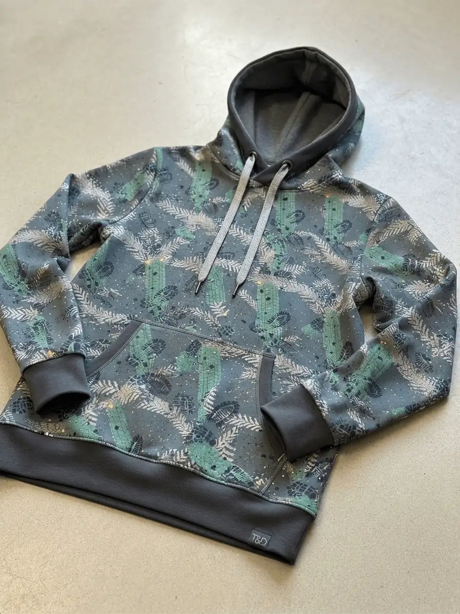 Selbstrei genähter Kapuzenpullover / Hoodie aus French Terry Sweat-Stoff "Offroad Spuren" in Grün und Anthrazit mit Bündchen