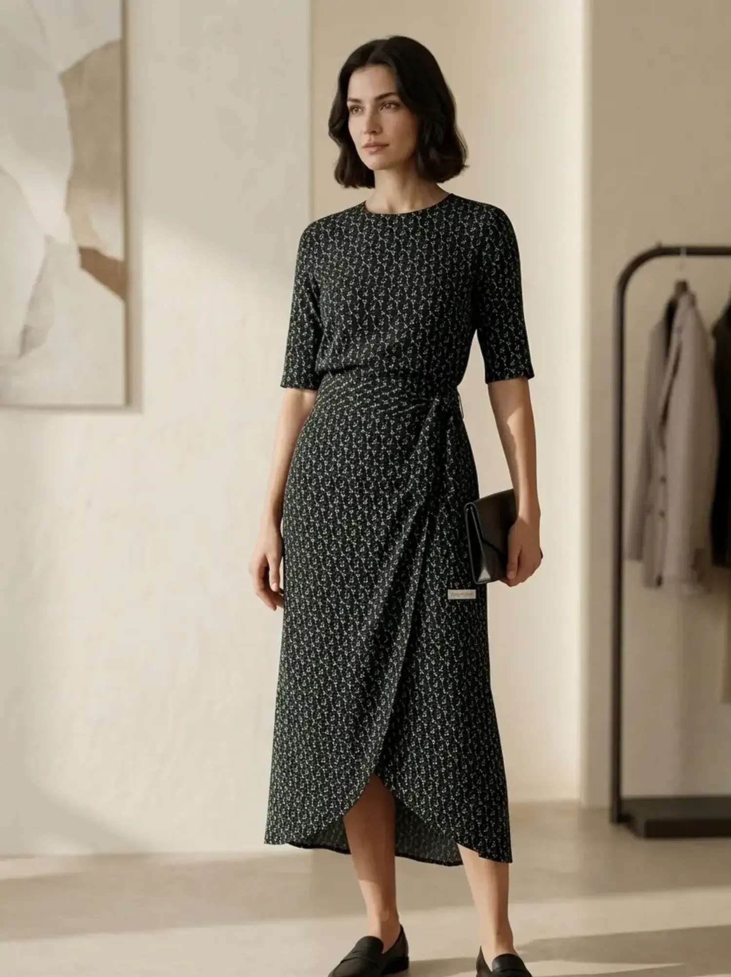 Elegante Frau trägt ein gemustertes Wickelkleid aus schwarz-weißer Viskose-Webware mit filigranem Print.
