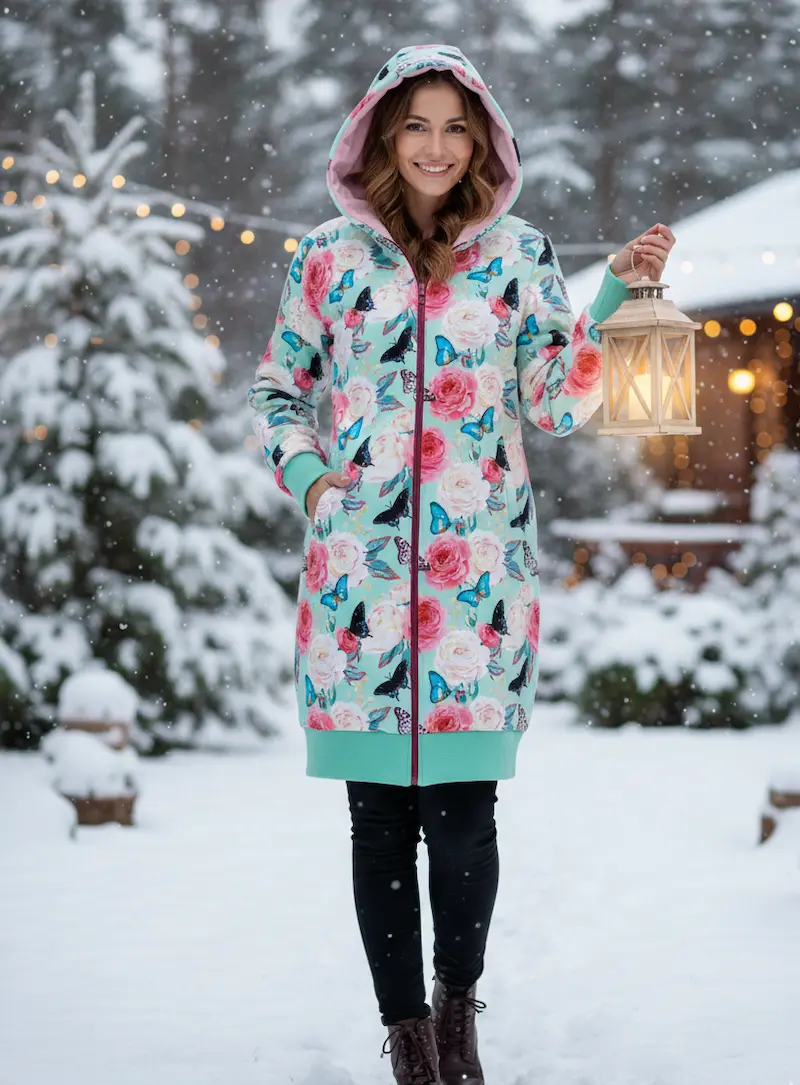 Eine lächelnde Frau im Schnee trägt einen selbstgenähten, langen Alpenfleece-Mantel mit Kapuze im floralen Rosen- und Schmetterlingsdesign auf minzgrünem Grund.