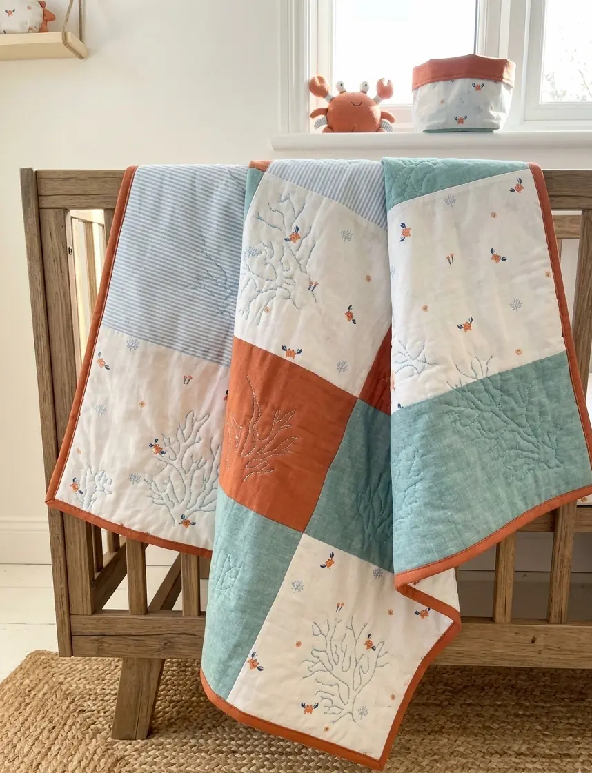 Handgefertigte Patchwork-Decke aus Bio-Baumwolle mit eingestickten Korallen und aufgedruckten kleinen Krabben in Rostrot und Salbeigrün.