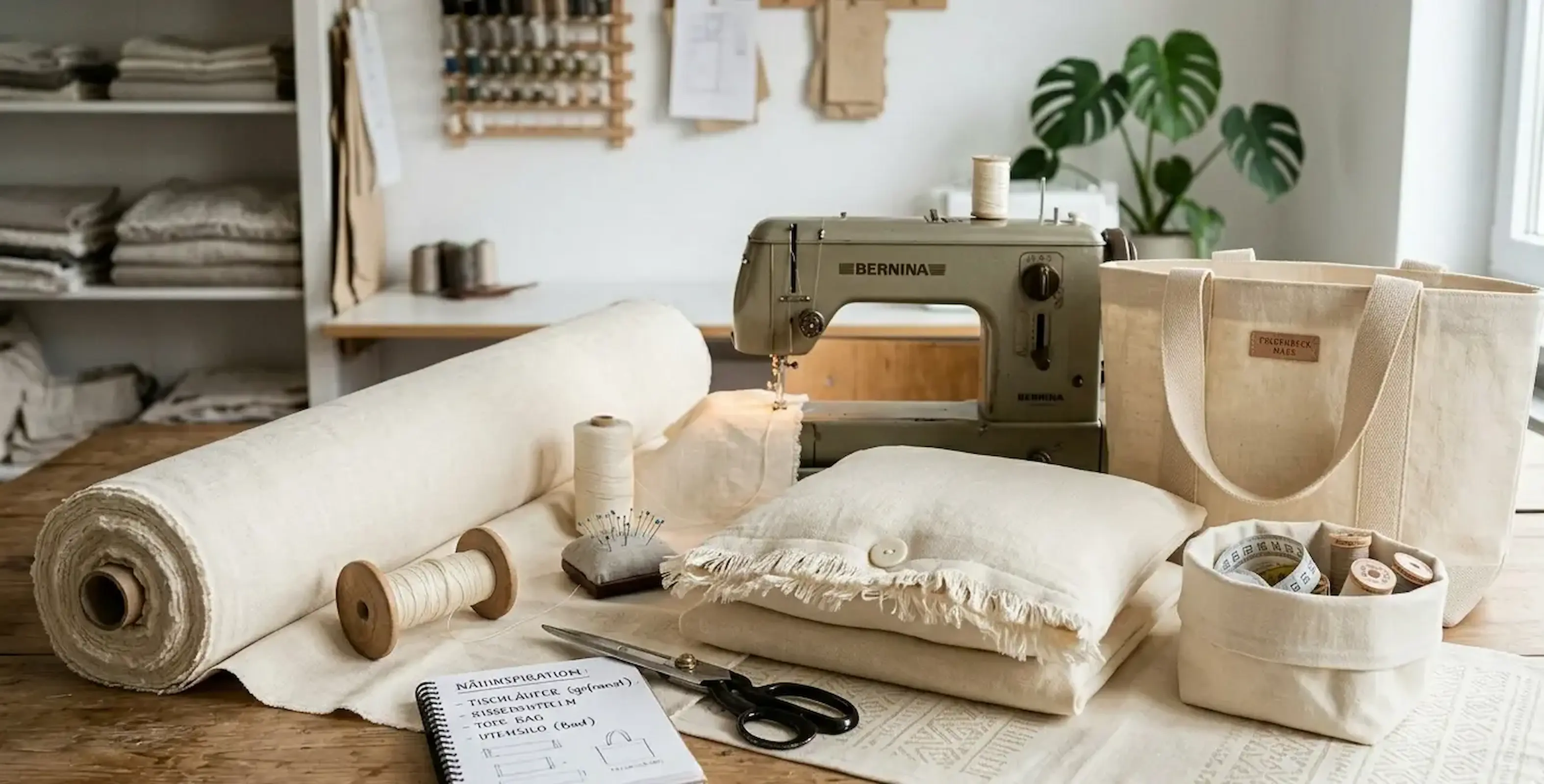 Deko-Leinenstoff in Naturweiß als Meterware auf einer Holzwerkbank mit Nähmaschine sowie fertige Produkte wie Kissen, Tote Bag und Utensilo