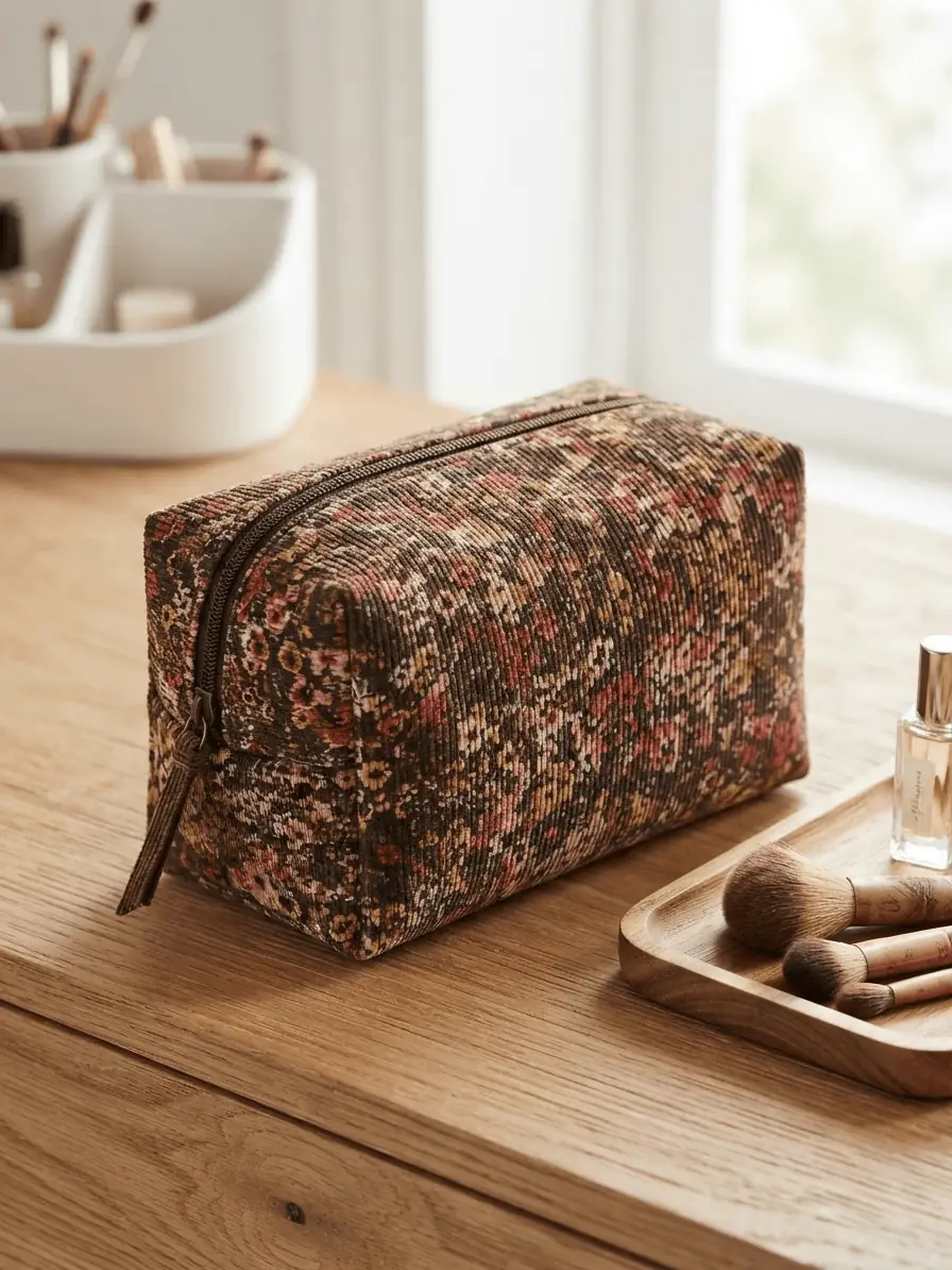 Handgemachte Kosmetiktasche aus elastischer Feincord-Jacquard Meterware mit herbstlichem Blumen-Print, stilvoll auf einem Holztisch platziert.