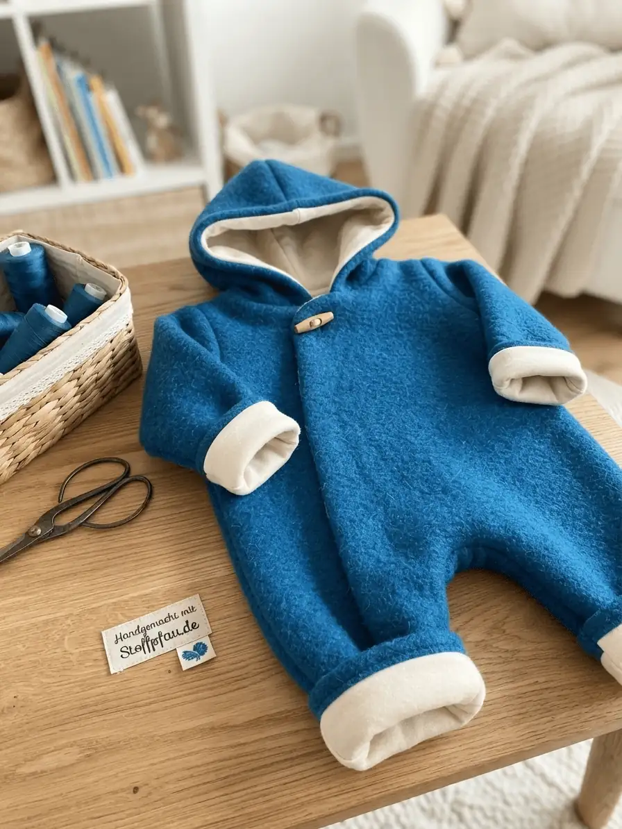 Blauer Wollfleece-Strampler von Stoffpfau.de mit hellem Futter und Knebelknopf.