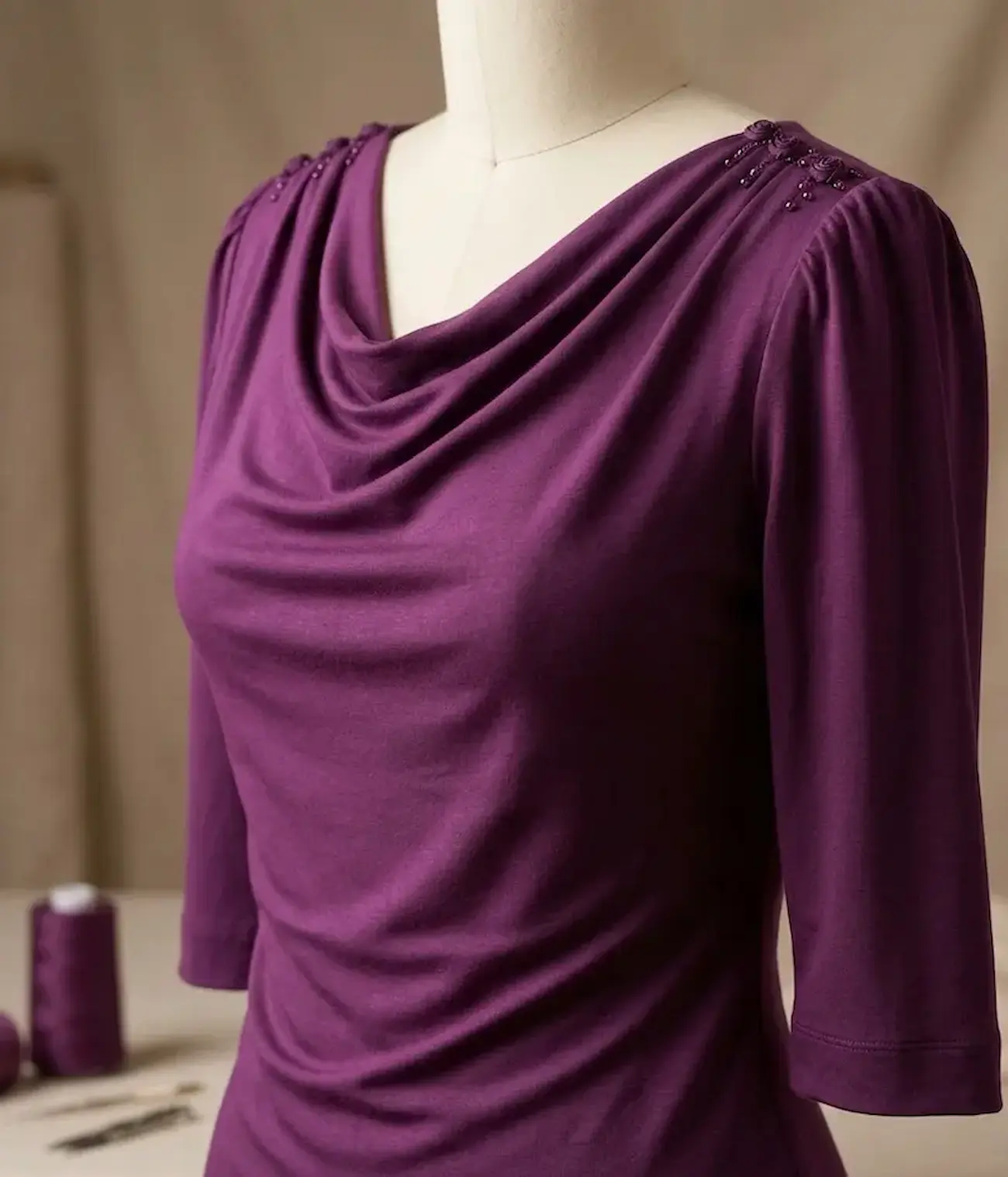 Violettes Damenshirt mit Wasserfall-Ausschnitt und Perlen-Details auf einer Schneiderpuppe, genäht aus Baumwolljersey.