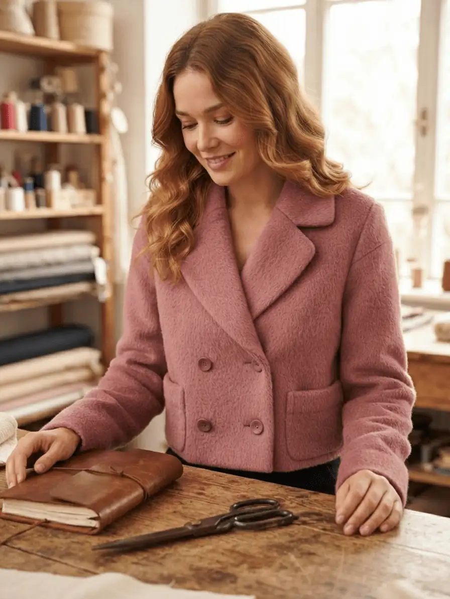 Frau in einer Nähwerkstatt präsentiert eine selbstgenähte, elegante kurze Zweireiher-Jacke aus flauschigem Altrosa-Mantelflausch-Stoff
