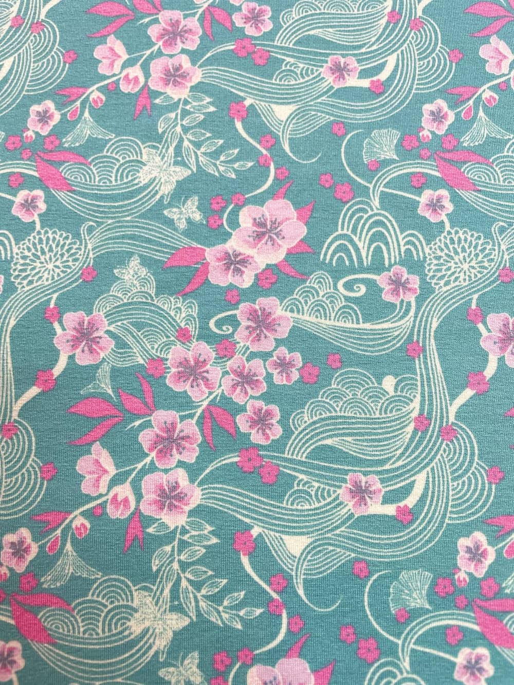 Viskosejersey "Sakura Wave" petrol / grün mit rosa Blümchen Viskosejersey "Sakura Wave" petrol / grün mit rosa Blümchen
