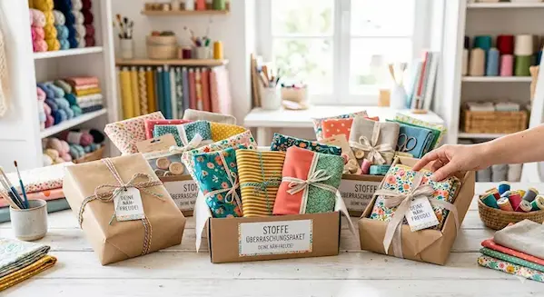 Stoffe Überraschungspaket von Stoffpfau mit bunten Mustern und Nähzubehör