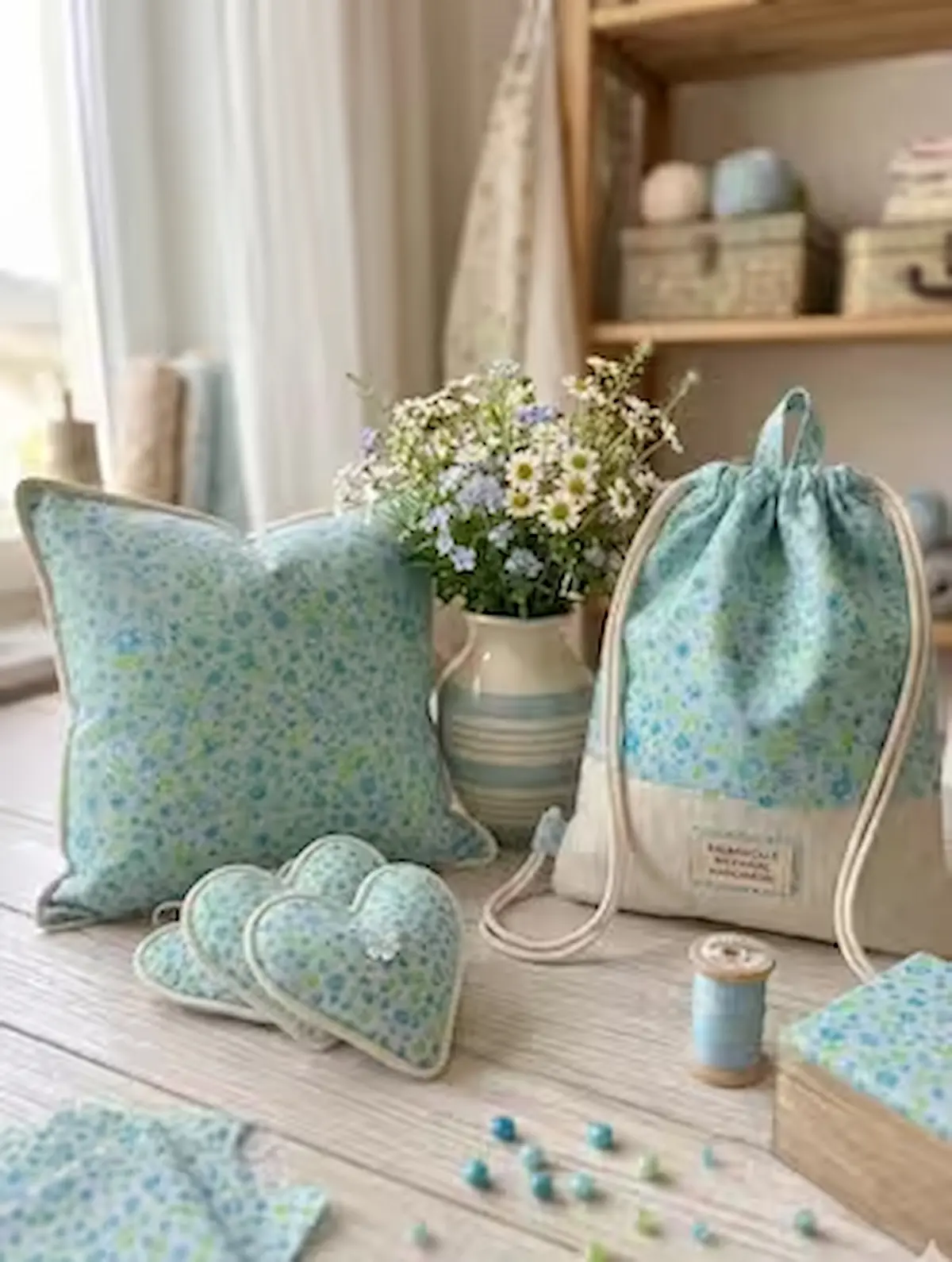 Nähbeispiele aus hellblauem Baumwoll-Webware-Stoff mit kleinem Blumenmuster: Ein genähtes Dekokissen, ein Turnbeutel mit Kordelzug und kleine Stoffherzen auf einem hellen Holztisch neben einer Blumenvase.