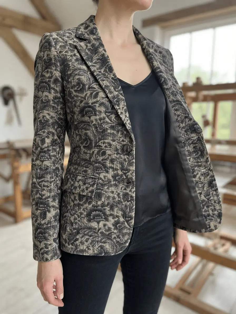 Selbstgenähter, eleganter Damen-Blazer aus leichtem Jacquard-Cordstoff mit floralem Blumenmuster in Schlamm und Schwarz