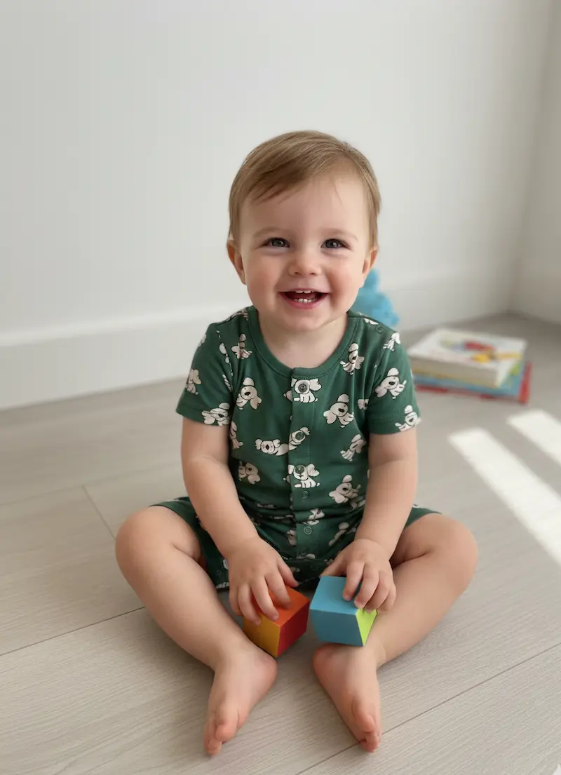 Ein glückliches Kleinkind sitzt am Boden und trägt einen kurzen Spieler (Romper) aus grünem Baumwolljersey mit Koala-Motiv.