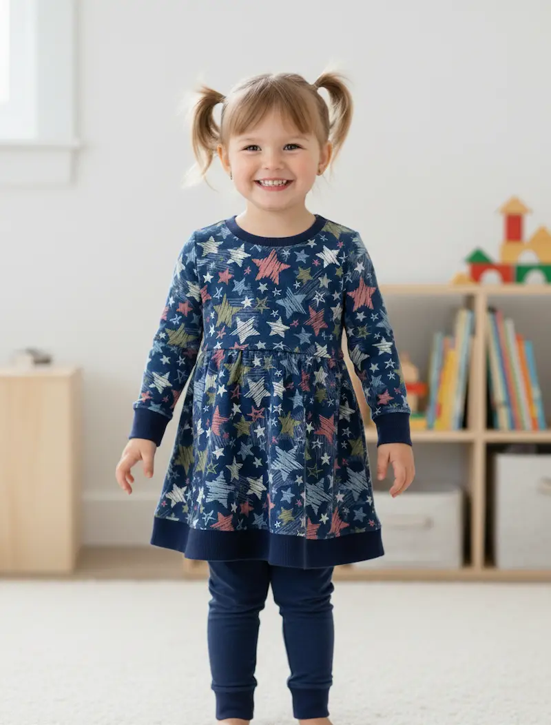 Lächelndes Mädchen in einem dunkelblauen French Terry Kleid mit bunten Sternen. Das Outfit zeigt die Kombination aus gemustertem Sommersweat und farblich passenden dunkelblauen Bündchenabschlüssen. Ideal für strapazierfähige DIY-Kinderkleidung.