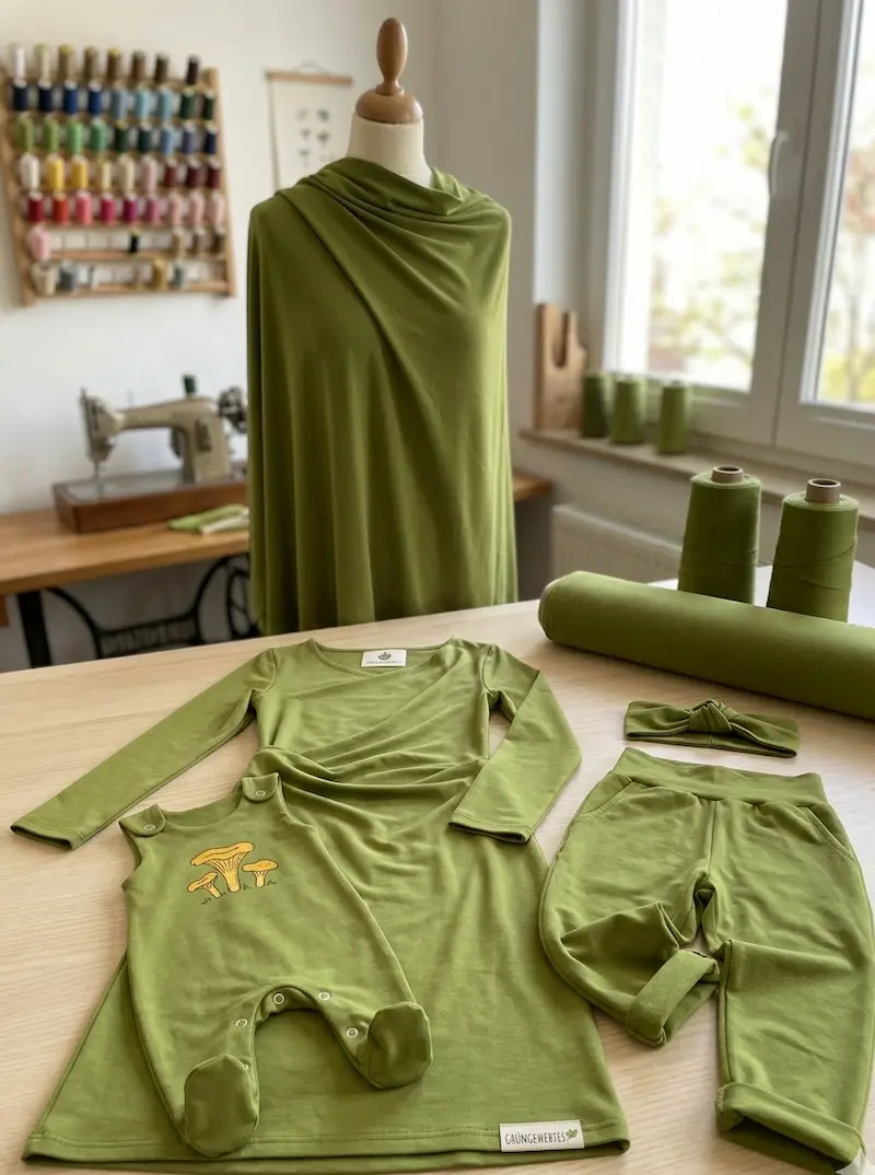 Moosgrüner Baumwolljersey Stoff als Meterware mit genähten Beispielen wie Baby-Strampler, Kleid und Stirnband auf einem Arbeitstisch.