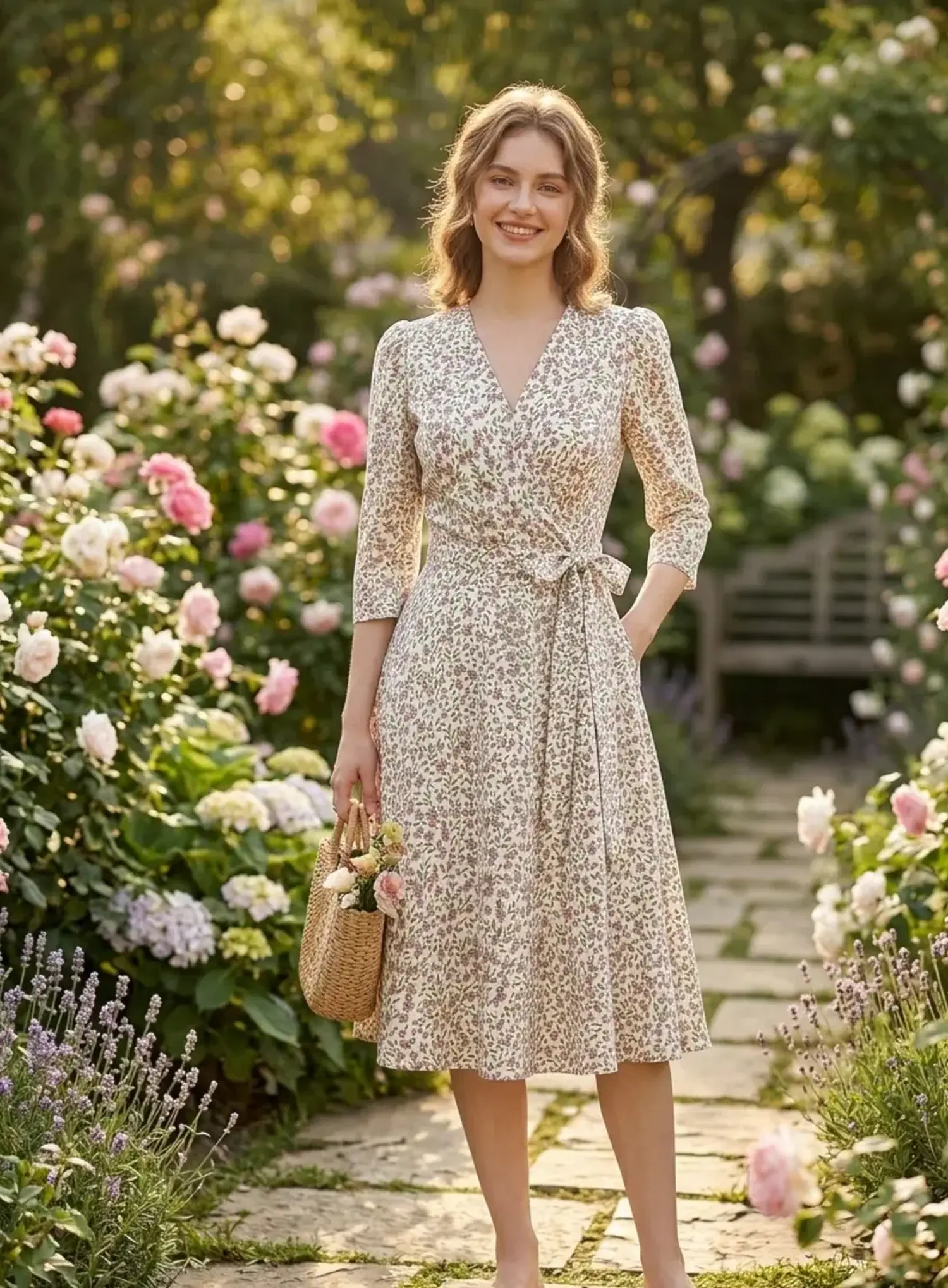 Wickelkleid aus Viskose Popeline Meterware mit feinem Blumenmuster in Lila und Rosa, getragen in einem sommerlichen Rosengarten