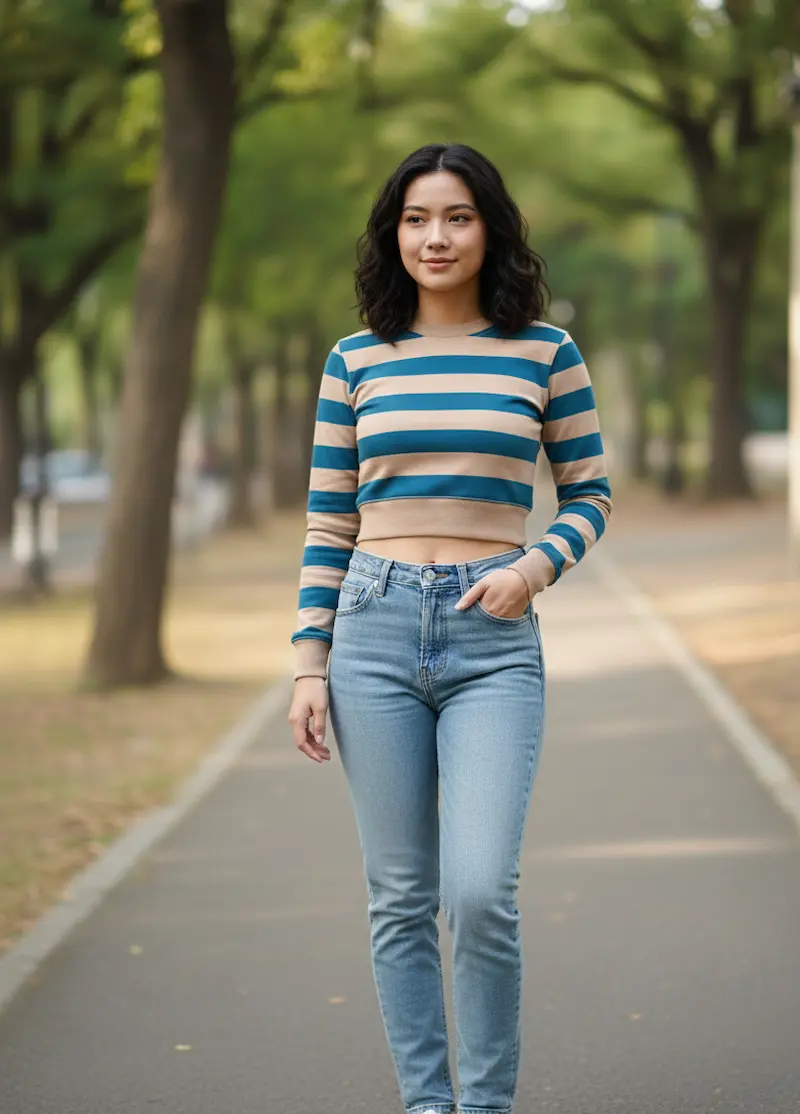 Eine junge Frau trägt ein kurz geschnittenes Langarmshirt aus gestreiftem French Terry in Blau und Beige; ideal als Design-Inspiration für moderne Damen-Stoffprojekte.