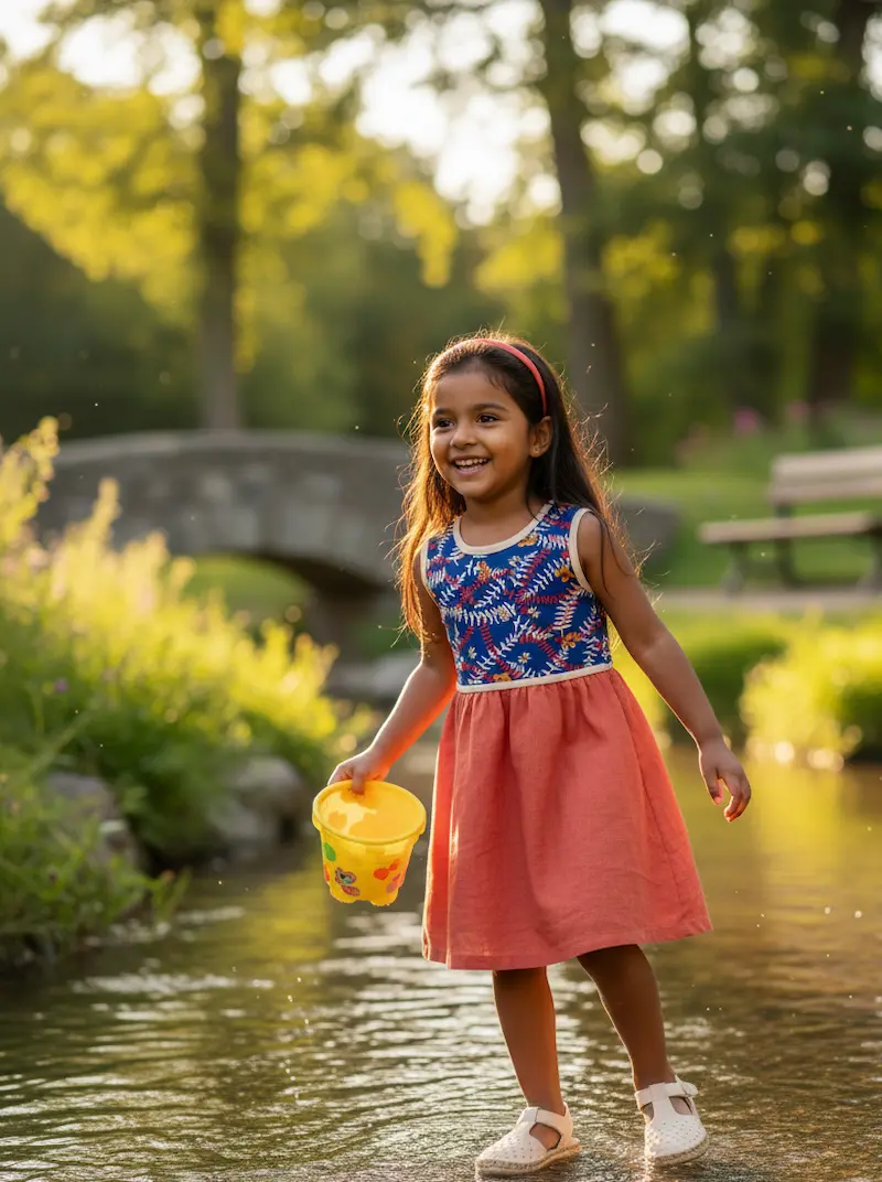 Ein fröhliches Kind im sommerlichen Kleid watet mit einem gelben Förmchen durch einen flachen Bach im Park. Das ärmellose Oberteil des Kleides besteht aus dem blauen floralen Baumwolljersey, kombiniert mit einem lachs- oder altrosafarbenen Rock.