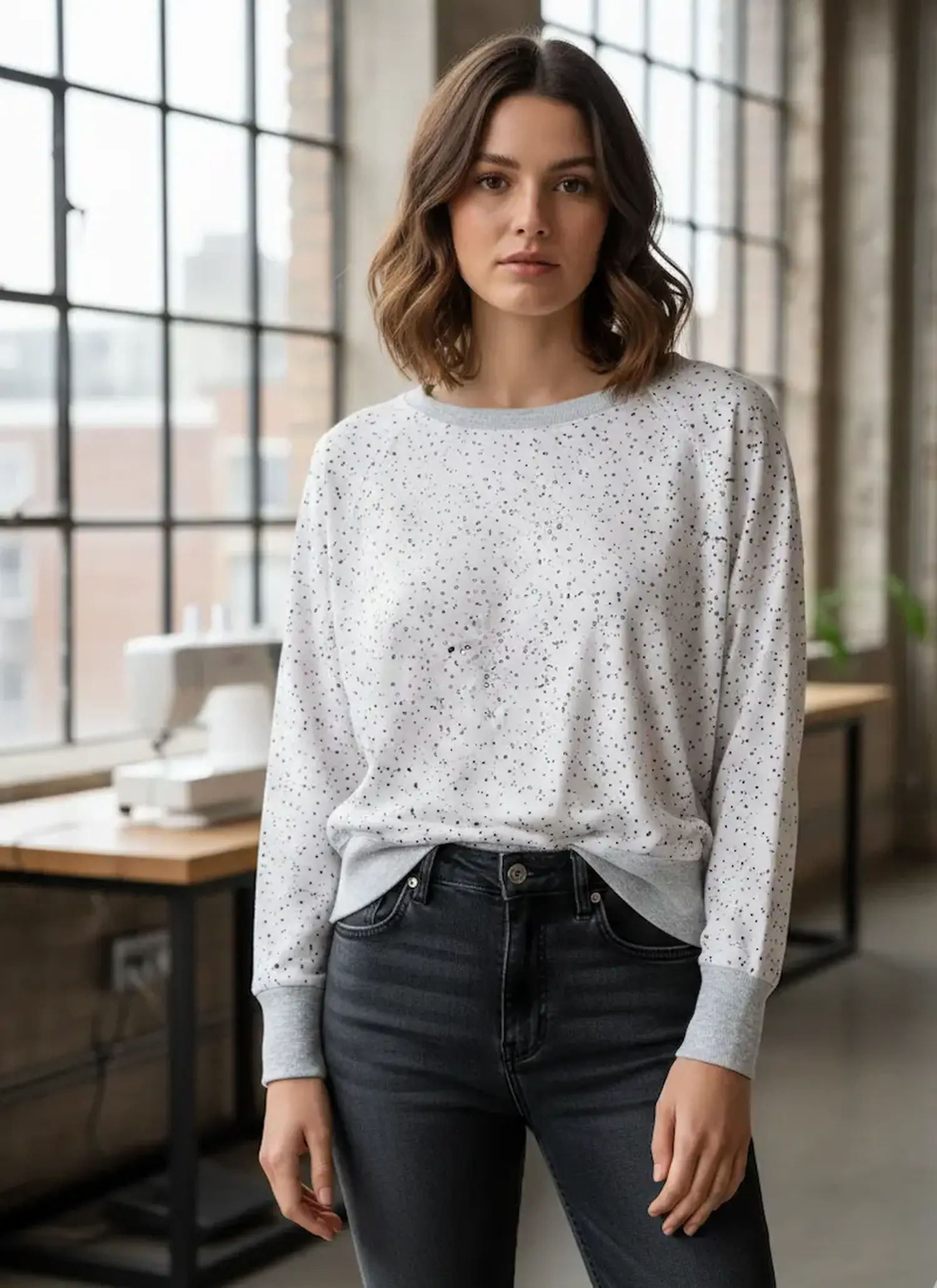 Eine junge Frau trägt ein langärmeliges Shirt aus weißem Jerseystoff mit feinen schwarzen Sprenkeln in einem hellen Näh-Atelier, kombiniert mit grauen Bündchen und einer schwarzen Jeans.