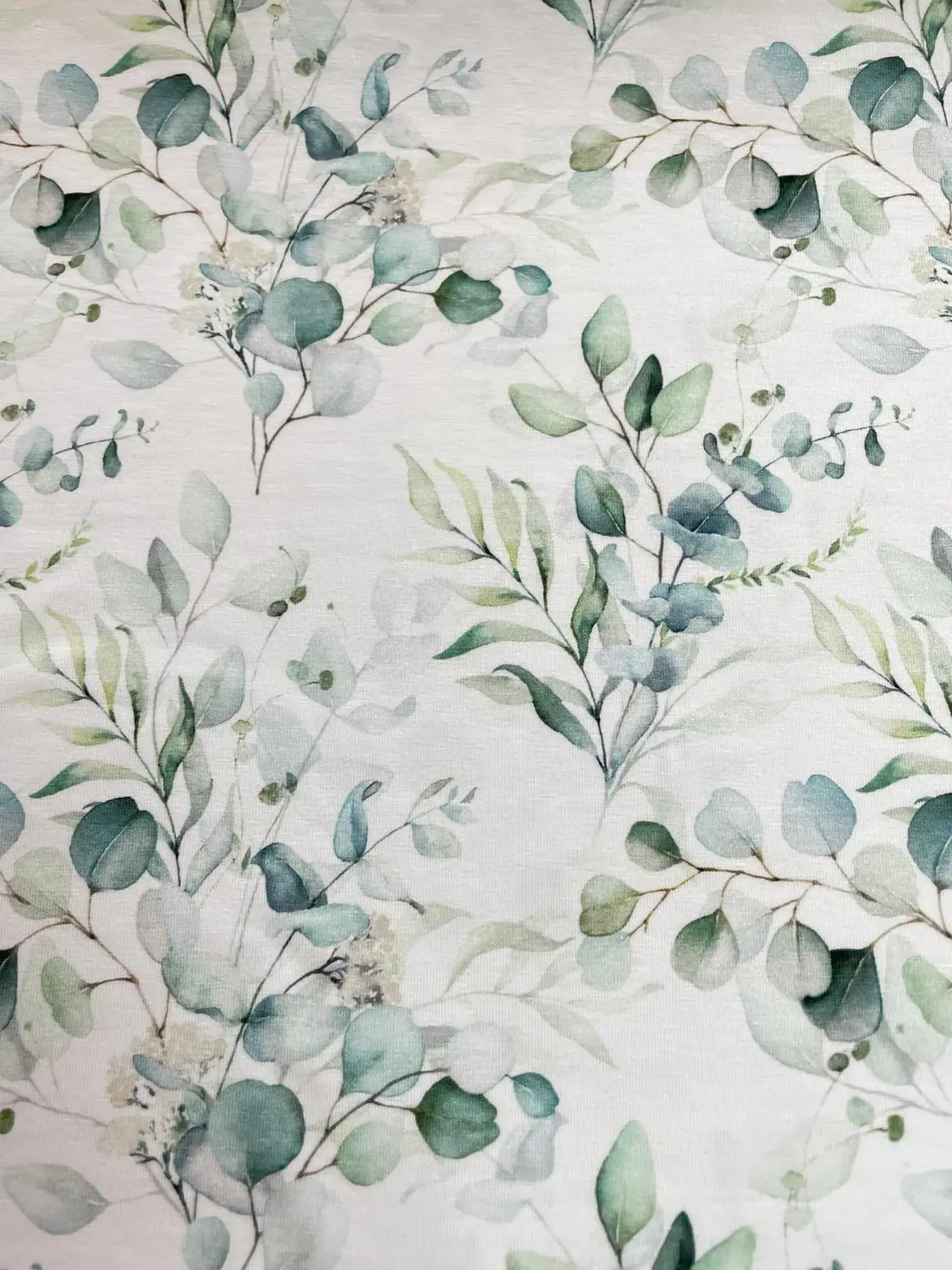 Weicher Jerseystoff mit filigranem Eukalyptus-Muster in Mintgrün und Salbei auf weißem Hintergrund, im Aquarell-Stil gezeichnet.