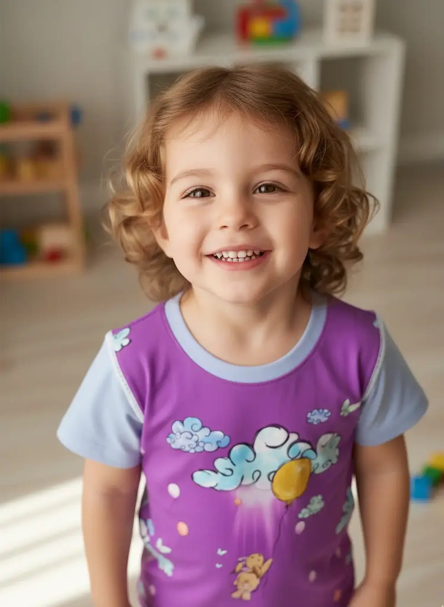 Ein strahlendes Kind in einem lila Kurzarm-T-Shirt aus Baumwolljersey. Das Panel-Motiv auf der Brust zeigt eine große, hellblaue Wolke mit einem daran hängenden gelben Luftballon. Das Shirt hat hellblaue Kontrastärmel und einen passenden Halsausschnitt.