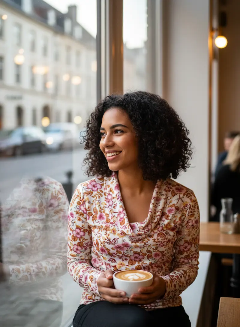 Eine lächelnde Frau sitzt an einem Café-Fenster und hält eine Tasse Cappuccino. Sie trägt ein selbstgenähtes Langarmshirt mit lockerem Wasserfallausschnitt aus Modaljersey mit einem dichten, floralen Muster in Beere und Ocker.