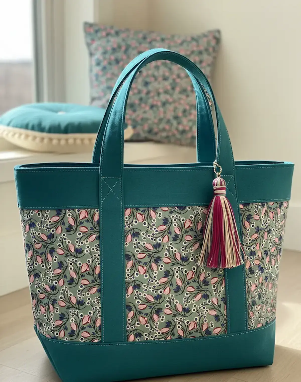 Hochwertige Baumwoll-Webware als Meterware mit filigranem Blumenmuster in Salbeigrün, Altrosa und Dunkelblau, verarbeitet als handgenähte Canvas-Tasche mit petrolfarbenen Henkeln und Quasten-Anhänger.