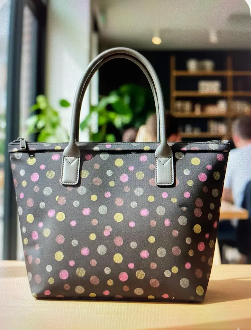 Hochwertiger Dekostoff als Meterware in Dunkelgrau mit buntem Punkte-Muster (Rosa, Gelb, Beige). Perfekt geeignet für Kissen, Taschen und Vorhänge.