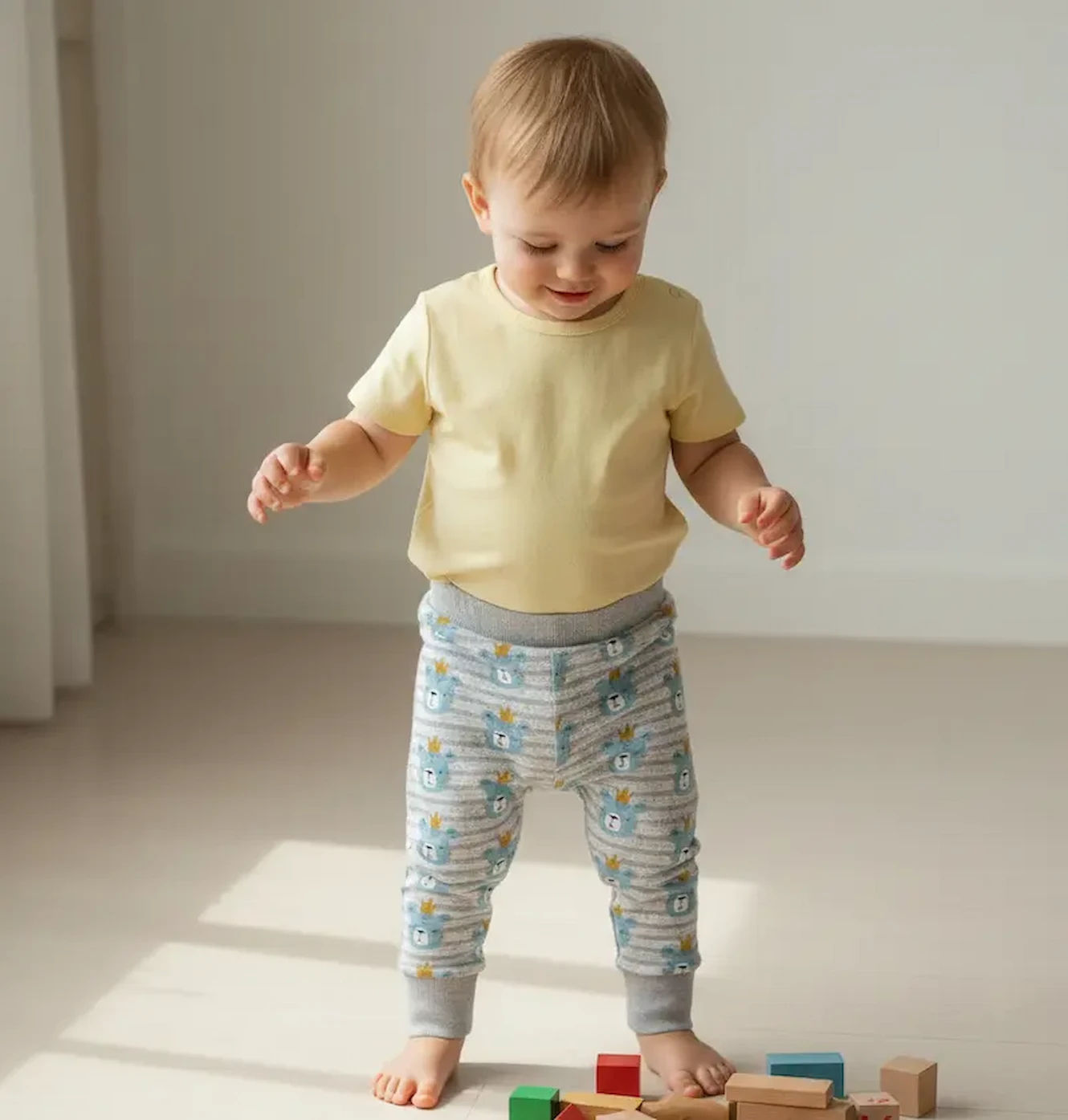 Kleinkind trägt eine selbstgenähte Hose aus grauem French Terry Stoff mit hellblauen Bären-Motiven.