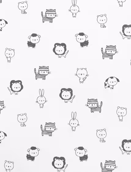 Hellgrauer Baumwollstoff Popeline mit weißen Umriss-Zeichnungen von Löwen, Hasen und Katzen.