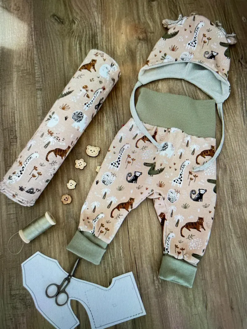 Baumwolljersey Stoff als Meterware mit Safari-Motiven wie Giraffen und Tigern neben einer genähten Babyhose