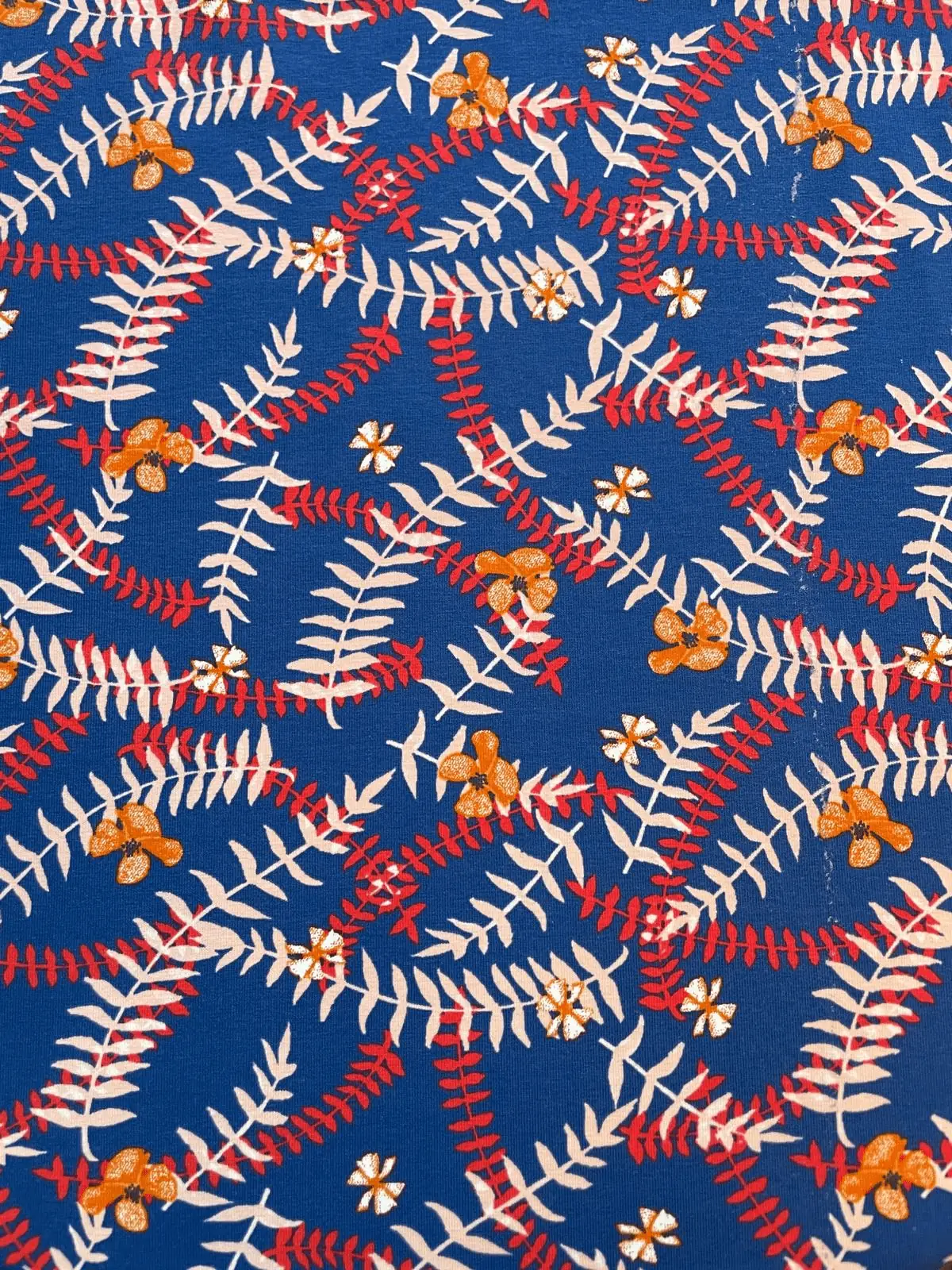 Blauer Baumwolljersey als Meterware bedruckt mit einem dichten, verschlungenen Muster aus hellbeige-rosa und roten Farnblättern sowie kleinen orangefarbenen und weißen Blüten.