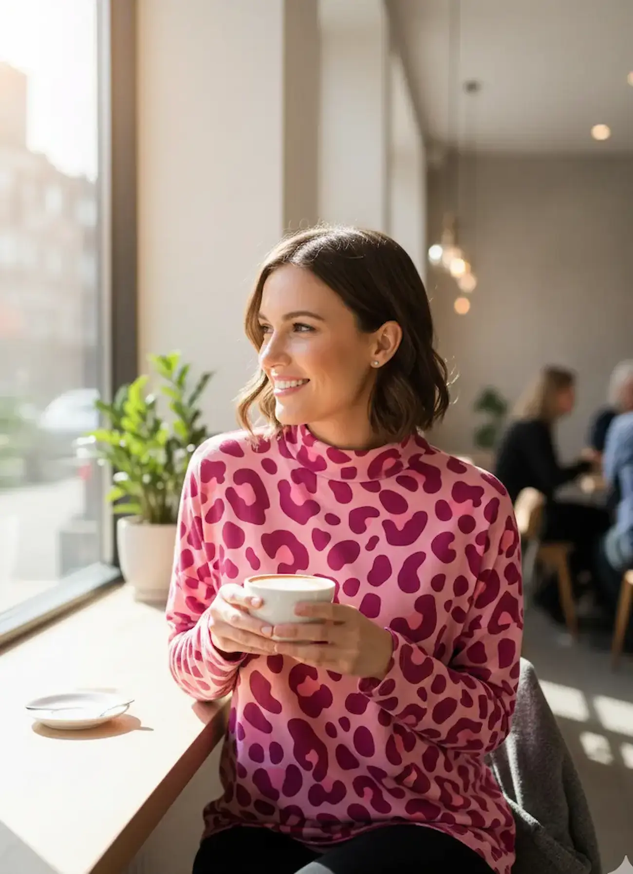 Eine lächelnde Frau sitzt an einem Fensterplatz in einem hellen Café und trägt einen selbstgenähten Pullover aus elastischem Baumwolljersey-Stoff. Der Stoff zeigt ein modernes Leopardenmuster in kräftigen Pink- und Beerentönen. Sie hält eine Kaffeetasse i