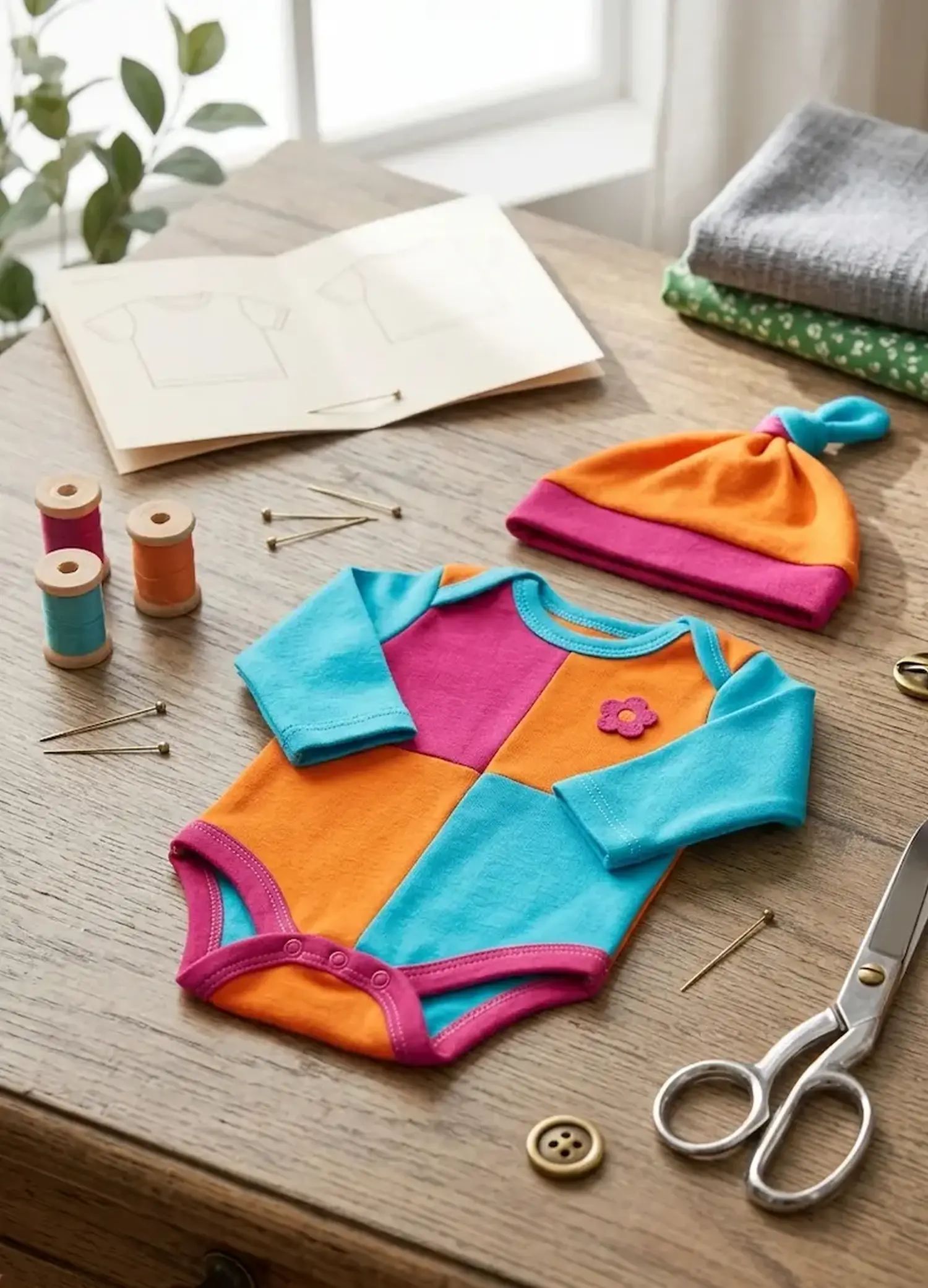 Selbstgenähter Baby-Body und Mütze aus farbenfrohem Jersey-Stoff in Magenta, Orange und Türkis auf einem Holztisch mit Nähzubehör.