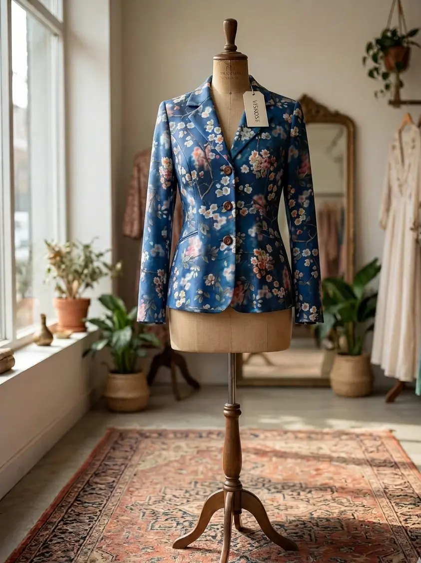 Eleganter Blazer aus Viskose Webware mit floralem Kirschblütenmuster auf einer Schneiderpuppe in einem Atelier.