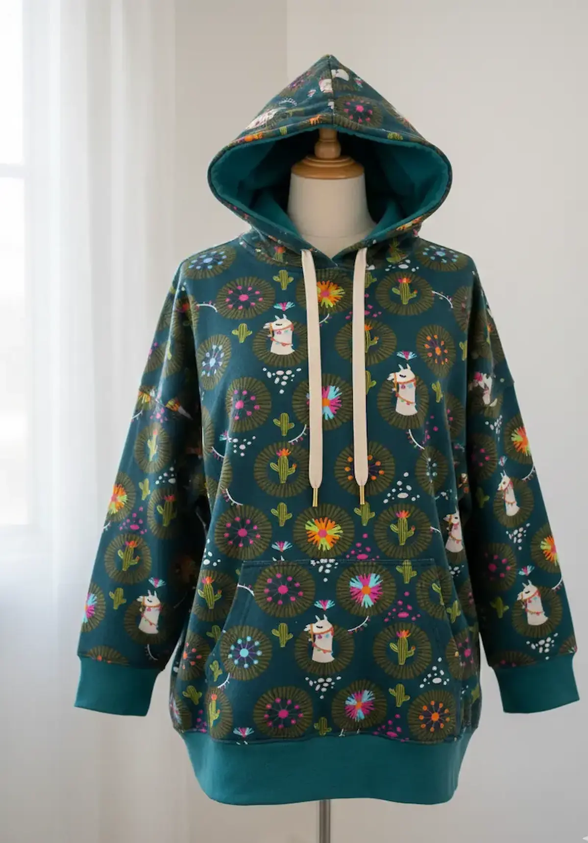 Anwendungsbeispiel für elastischen French Terry Stoff als Meterware in Petrol: Ein fertig genähter Kapuzenpullover auf einer Schneiderpuppe mit einem verspielten Muster aus weißen Lamas, kleinen Kakteen und bunten Kreisen im Ethno-Stil.