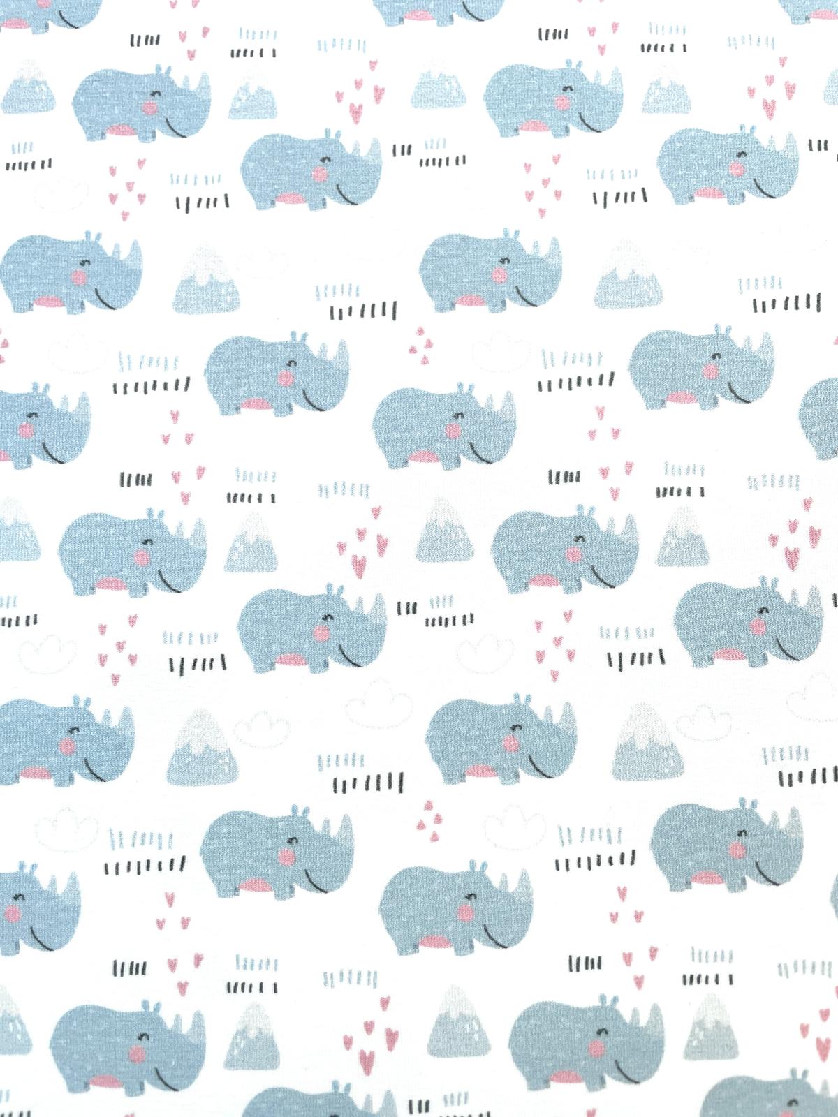 Baumwoll-Jersey "Happy Rhino" mit Nashörner weiss Baumwoll-Jersey "Happy Rhino" mit Nashörner weiss