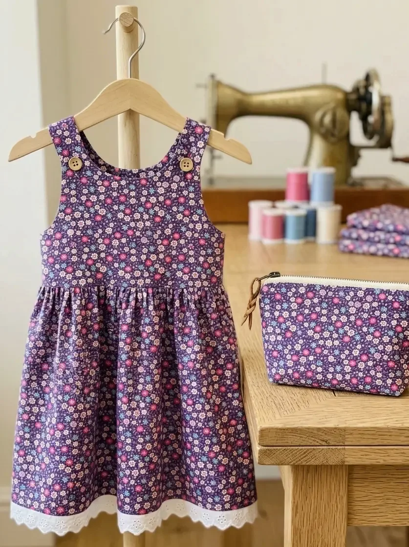Kindershirtkleid und passendes Reißverschlusstäschchen aus lila Baumwoll-Webware mit kleinem Blümchenmuster und weißer Spitzenborte.