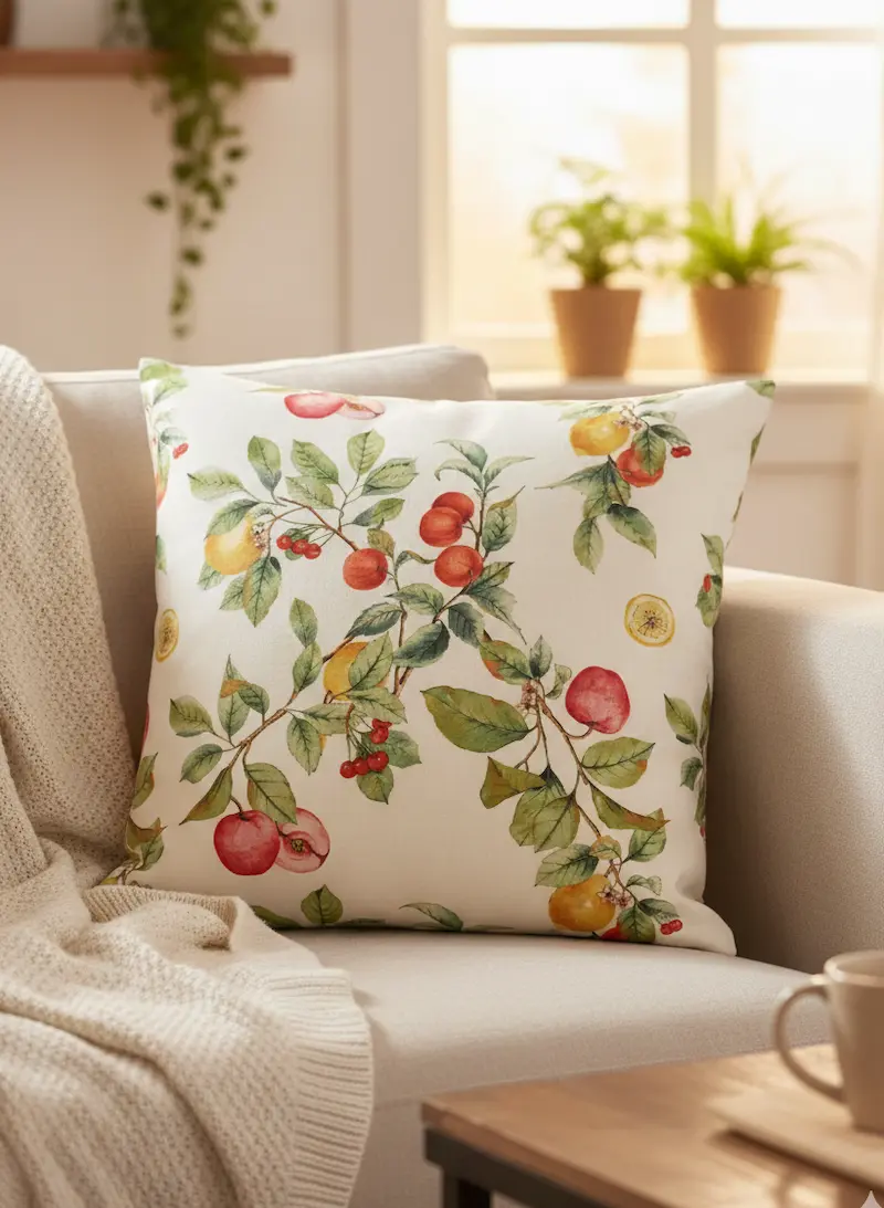 Ein quadratisches Dekokissen auf einem hellen Sofa, bezogen mit einem gemusterten Dekostoff im botanischen Stil. Der weiße Stoff zeigt ein detailreiches Allover-Muster aus Äpfeln, Zitronen, Beeren und grünen Blättern an Zweigen. Im gemütlichen Hintergrund