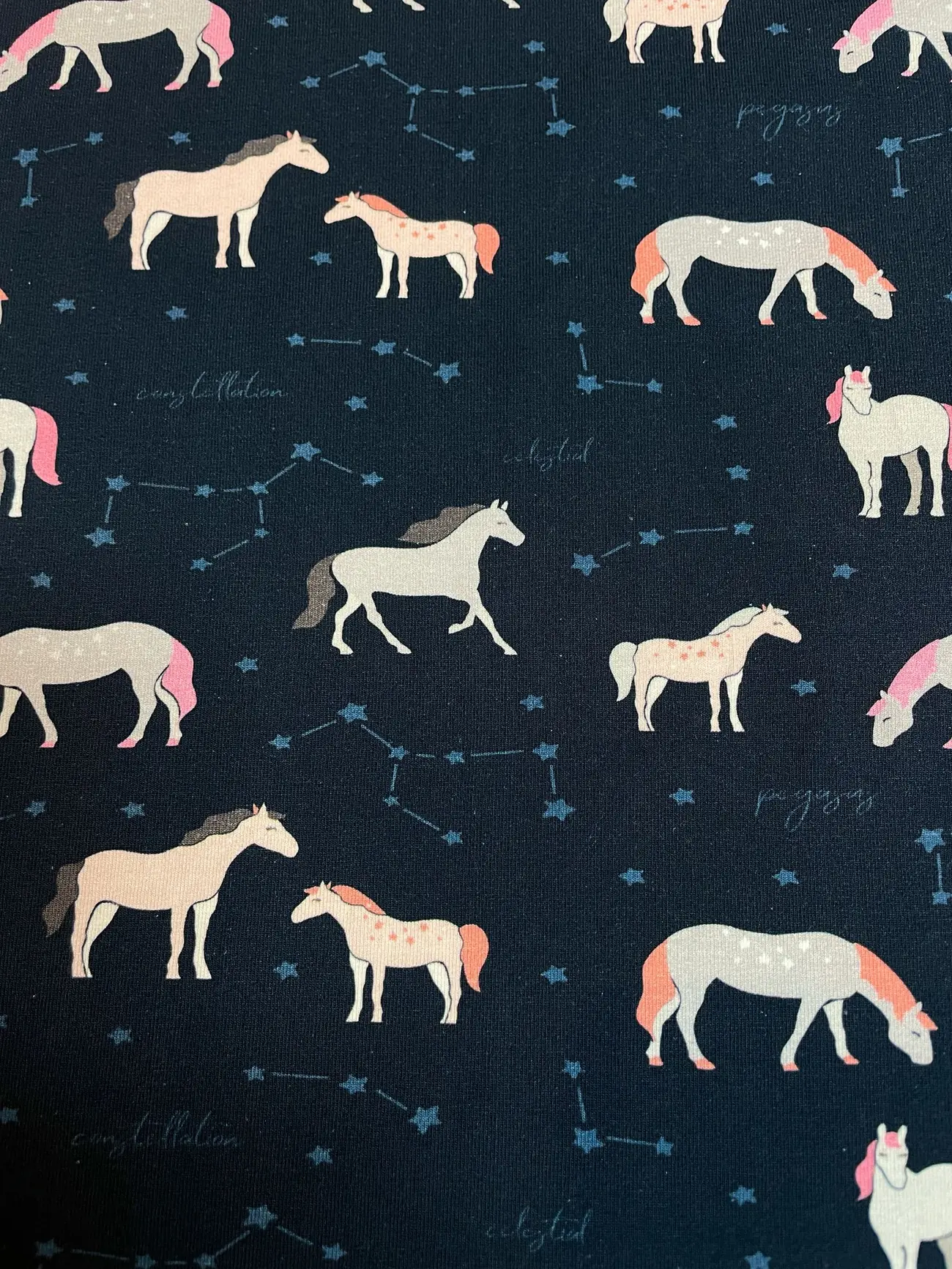 Dunkelblauer Jersey-Stoff bedruckt mit verschiedenen Pferden in Beige, Grau und Rosa. Das Muster zeigt zudem filigrane Sternenbilder (Constellations), kleine blaue Sterne und die Schriftzüge "Pegasus" und "Celestial" im Hintergrund.