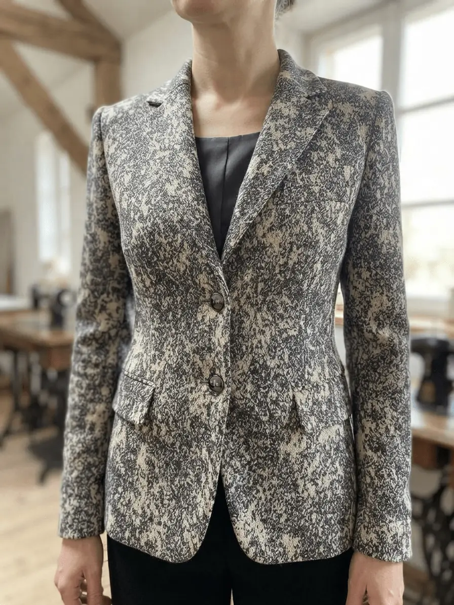 Eleganter, selbstgenähter Damen-Blazer aus schlamm-naturfarbenem Strick-Jacquard Stoff mit Knöpfen und Pattentaschen
