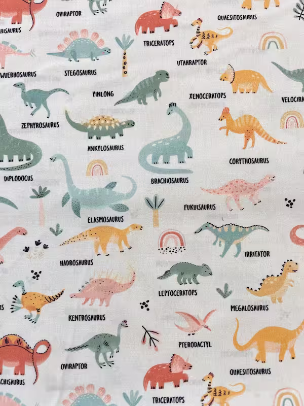 Fester weißer Baumwollstoff bedruckt mit verschiedenen Dinosauriern wie Triceratops und Brachiosaurus sowie deren Namen in schwarzen Buchstaben.