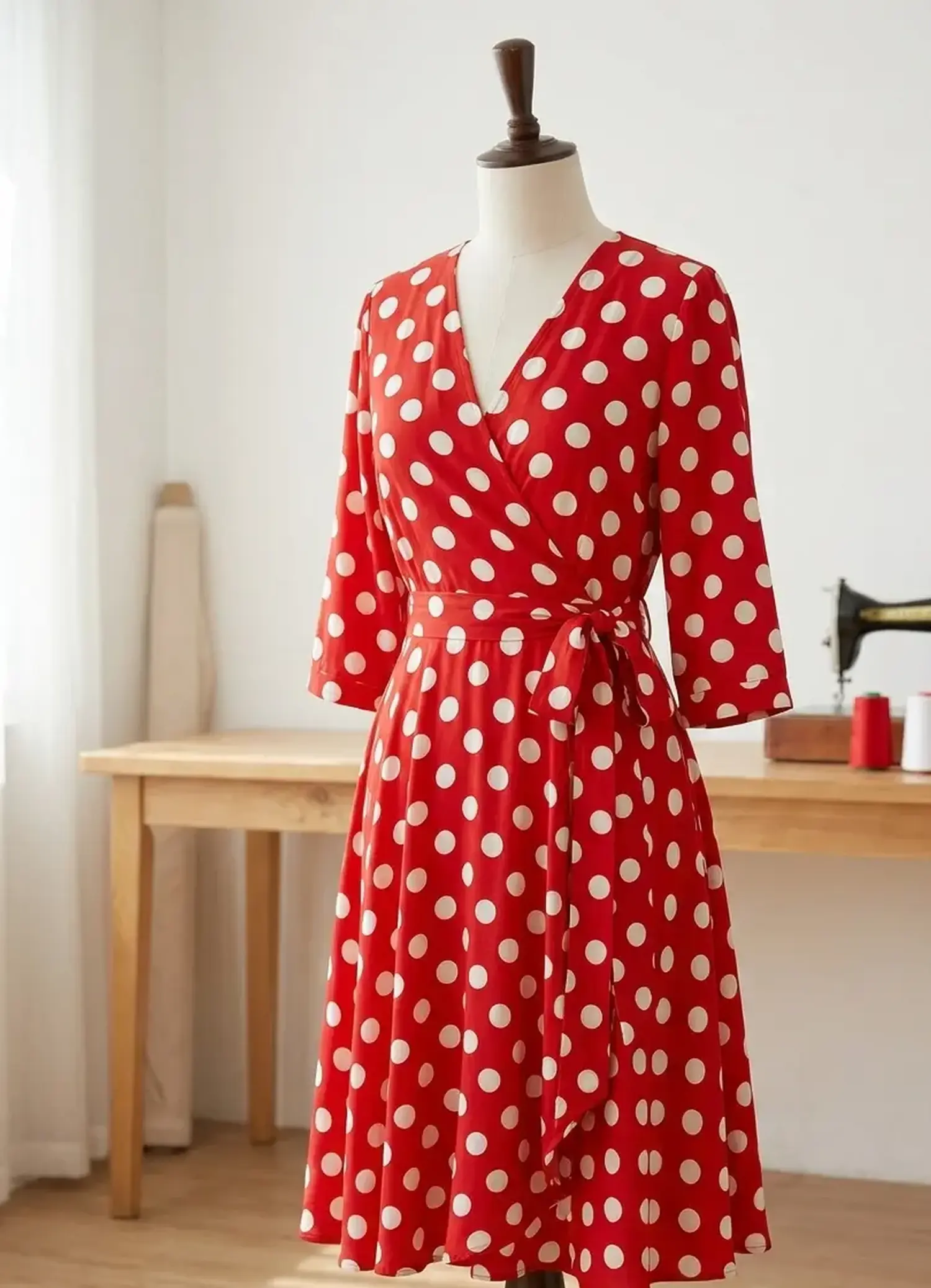 Rotes Wickelkleid aus fließender Viskose Webware mit weißen Punkten auf einer Schneiderpuppe in einem hellen Nähatelier.