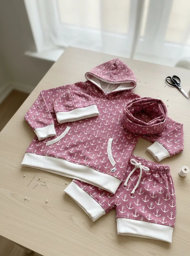 Genähtes Kinder-Set aus altrosafarbenem French Terry mit weißen Ankern: Hoodie, Shorts, Mütze und Loop auf einem hellen Holztisch.