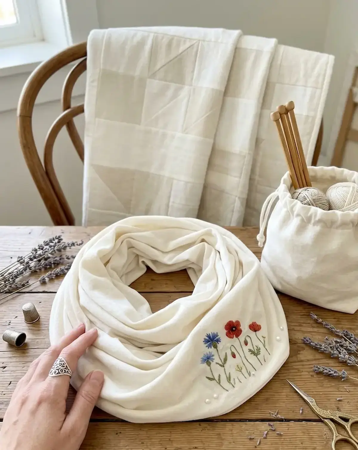 Weißer Loop-Schal aus Baumwolljersey mit feiner Blumenstickerei auf einem Holztisch neben Nähutensilien.