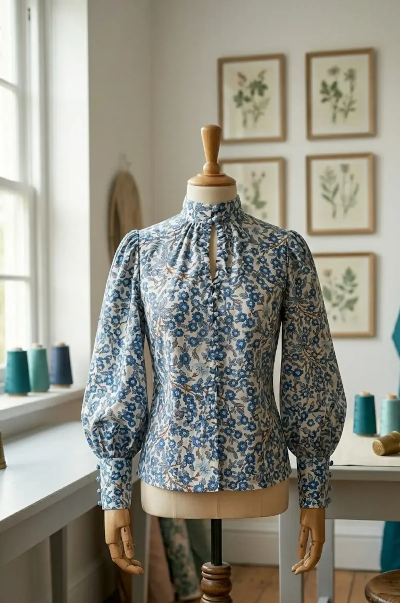 Elegante Damenbluse mit Stehkragen und Puffärmeln aus Baumwoll-Popeline mit blauem Blumenmuster auf einer Schneiderpuppe.