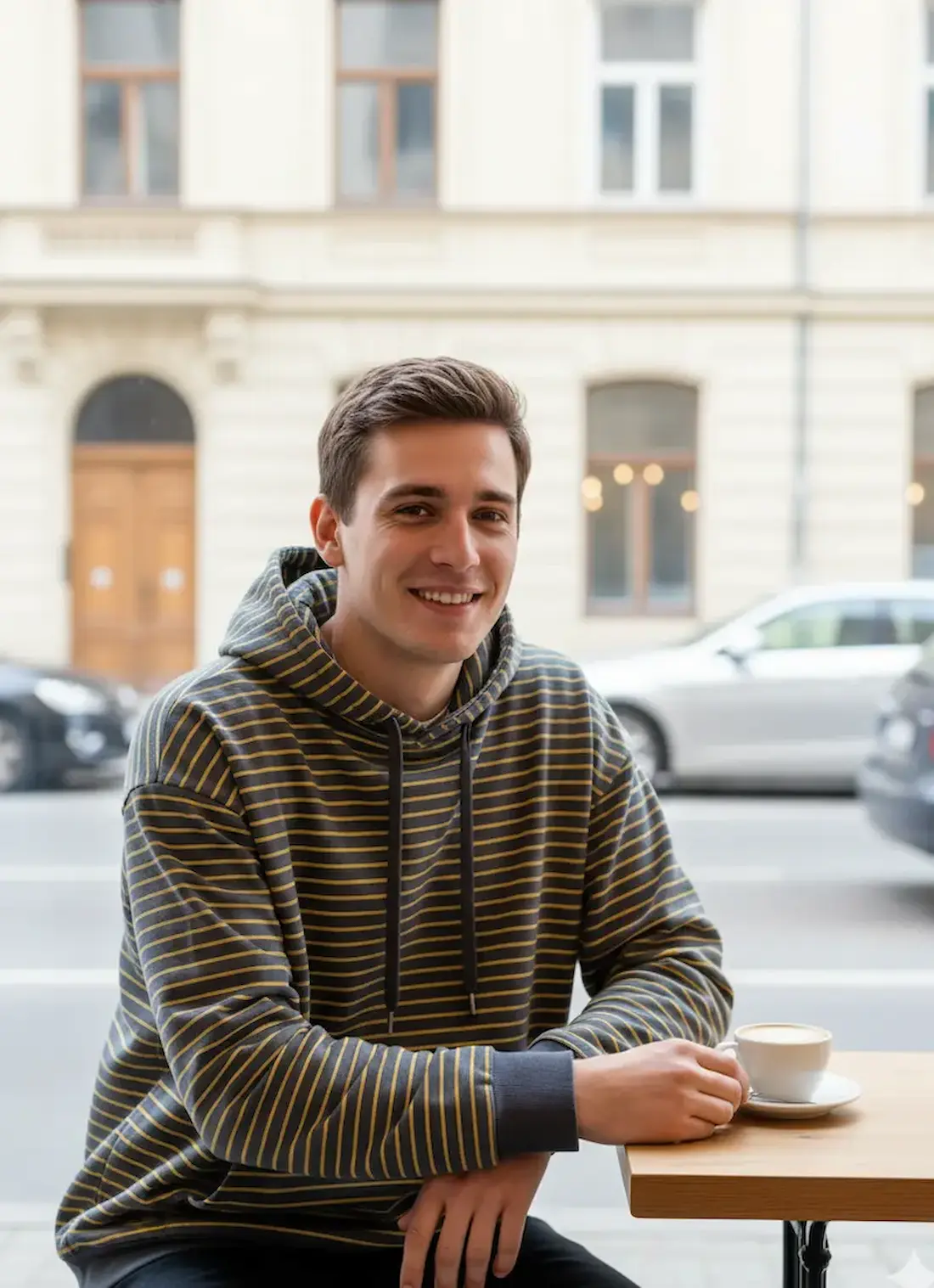 Ein lächelnder Mann in einem urbanen Café trägt einen selbstgenähten Hoodie aus gestreiftem French Terry (Sommersweat) in Anthrazit und Senfgelb.