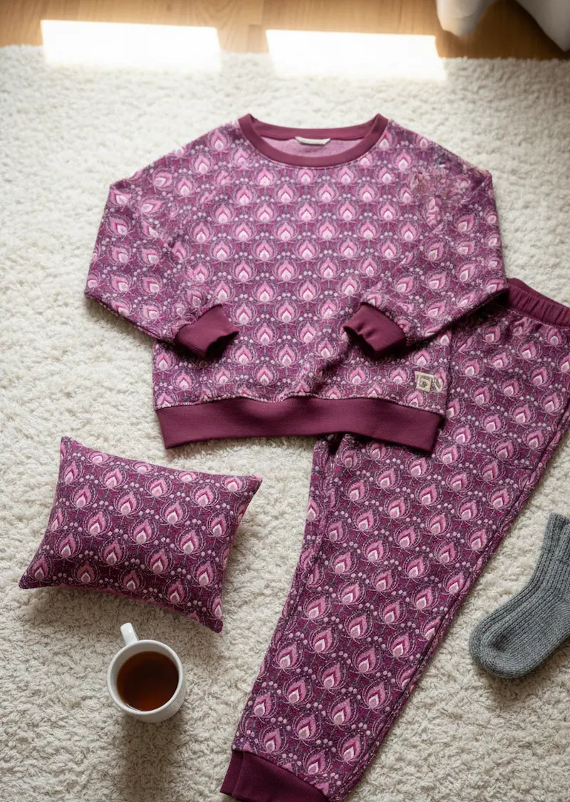 Ein selbstgenähter Hausanzug aus beerenfarbenem Alpenfleece mit Ikat-Muster, bestehend aus einem Pullover und einer Jogginghose, flach ausgebreitet auf einem hellen Teppich neben einem passenden Kissen und einer Tasse Tee.