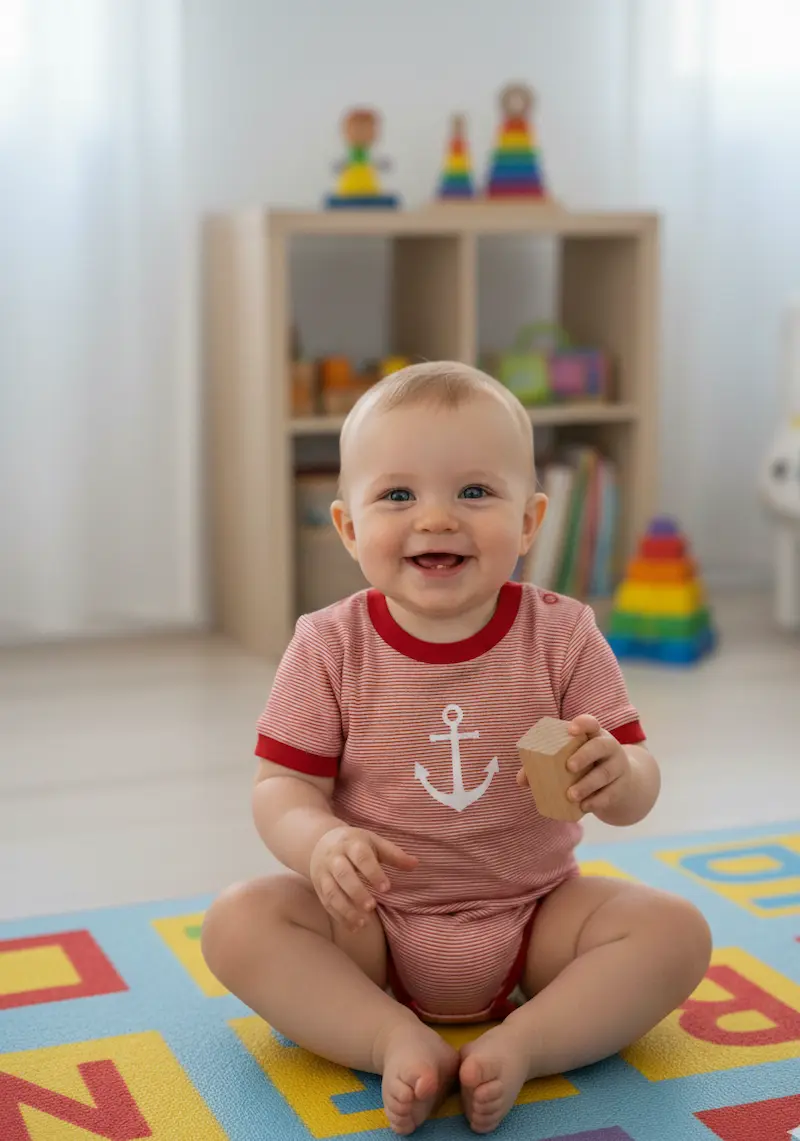Lächelndes Baby in einem kurzärmeligen Baby-Body aus rot-weiß gestreiftem Baumwolljersey mit Anker-Motiv, sitzend im Spielzimmer.