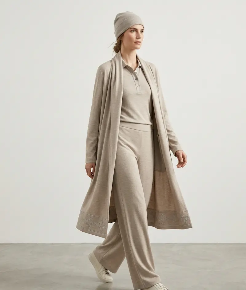 Baumwolljersey Uni Beige als elegantes Damen-Outfit mit Cardigan, Hose und Mütze, weich fallende Meterware für Bekleidung.